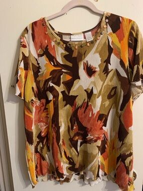 Alfred Dunner Short Sleeve Floral Knit Top in Rust, Mustard & Olive